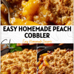 Golden peach cobbler skillet topped with crispy crumble and fresh peaches baked in a cast iron pan.